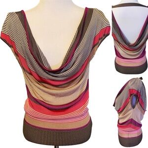 Vintage Bebe Y2K Deep Cowl Neck Sweater Ombre Striped Knit Cap Sleeve Draped S